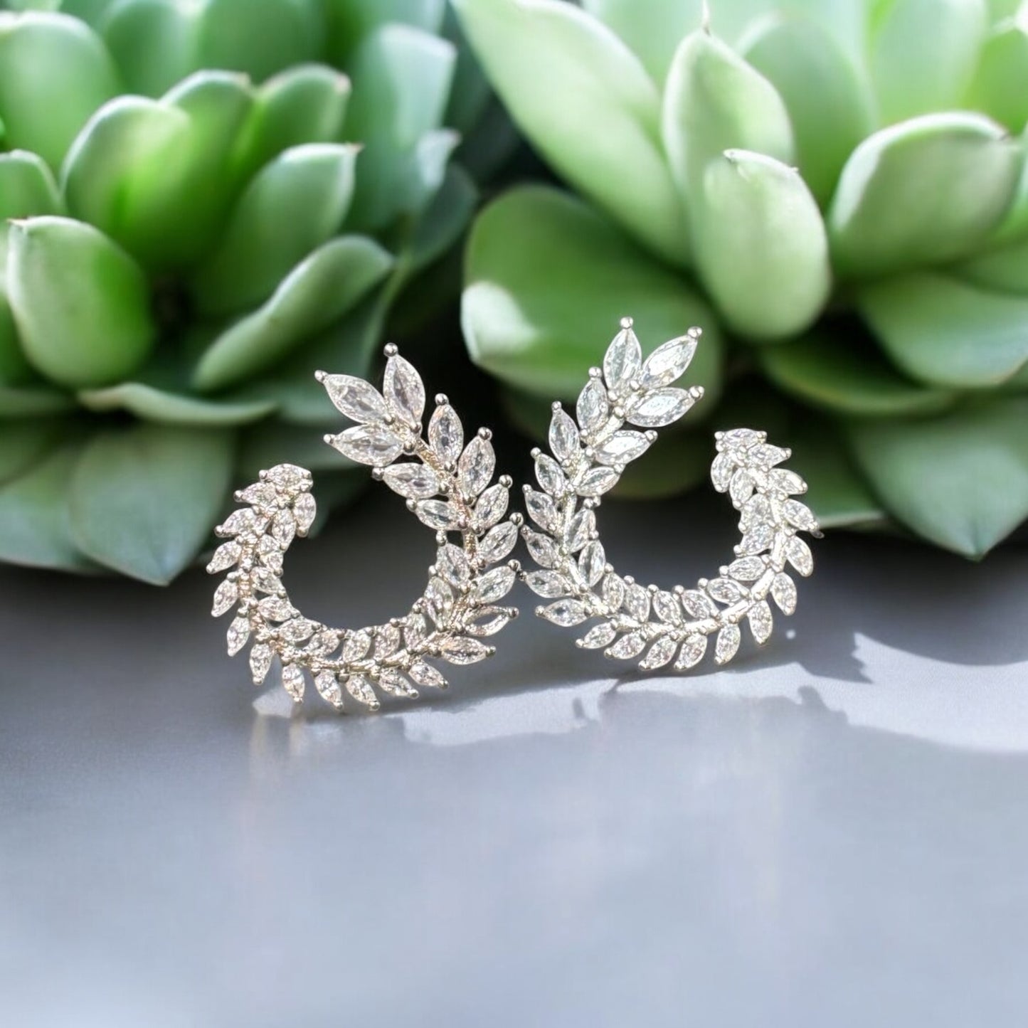 925 silver leaf cz rhinestone earrings